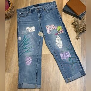 Upcycled Hand-Painted Patchwork Jeans Denim Side Panels Cropped Distressed